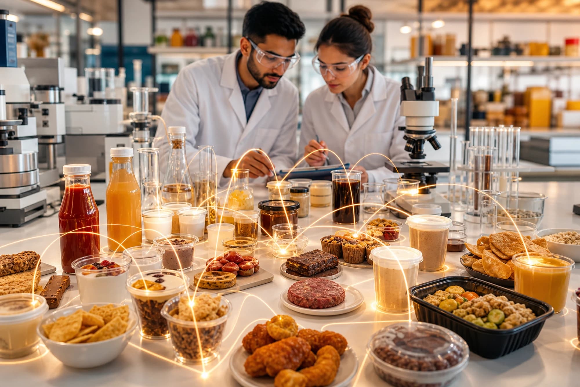Food scientists in a modern R&D workspace with diverse product prototypes, testing equipment, and a subtle intelligence layer connecting the innovation lifecycle.